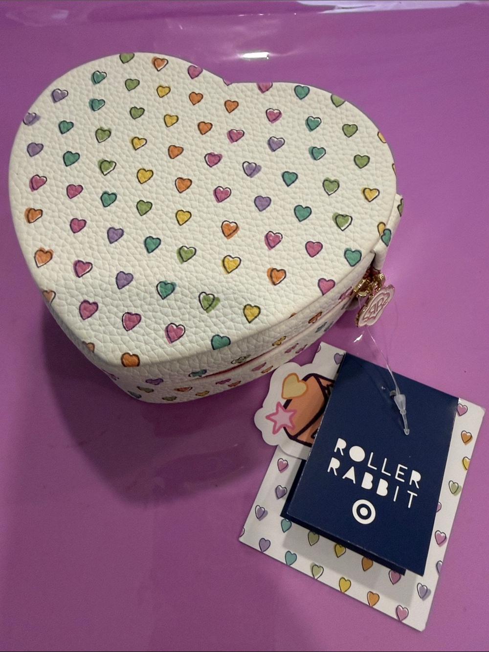 Roller Rabbit White Heart-Shaped Jewelry Case with Multicolor Hearts